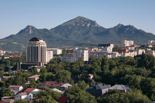 Vew of Pyatigorsk and Mount Beshtau on sunny suumer morning. Stavropol Krai, Russia.