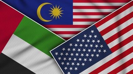 Fototapeta premium Malaysia United States of America United Arab Emirates Flags Together Fabric Texture Effect Illustration