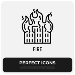 House in fire thin line icon. Home insurance. Damage of property, disaster. Vector illustration.