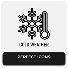 Cold weather thin line icon: snowflake with thermometer. Winter weather. Modern vector illustration.