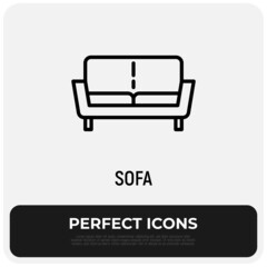 Sofa, cozy coach thin line icon. Living room decoration. Furniture for apartment. Modern vector illustration.