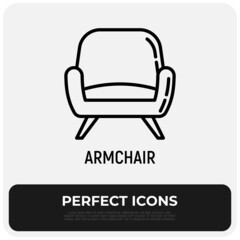 Armchair thin line icon. Living room decoration. Interior design. Apartment furniture. Modern vector illustration.