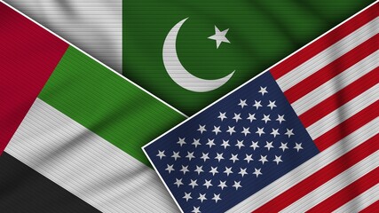 Pakistan United States of America United Arab Emirates Flags Together Fabric Texture Effect Illustration