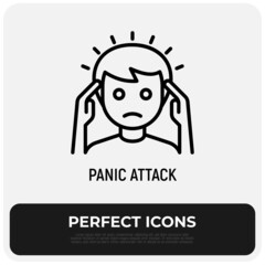 Neurosis. Panic attack thin line icon: man feeling anxiety or stress and touching his head. Headache. Vector illustration.