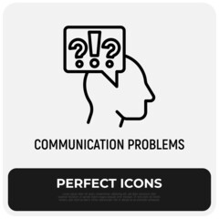 Communication problems, misunderstanding thin line icon: silhouette of head with question marks and exclamation. Vector illustration of depression, neurosis, conflict.