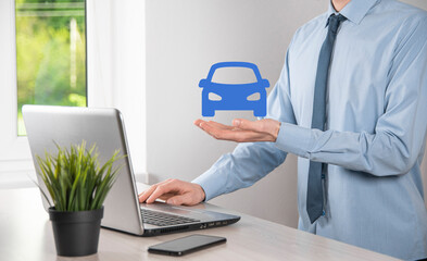 Digital composite of Man holding car icon.Car automobile insurance and car services concept....