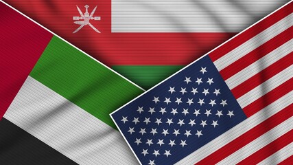 Oman United States of America United Arab Emirates Flags Together Fabric Texture Effect Illustration