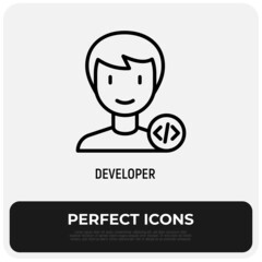 Developer, coder, programmer thin line icon, avatar of man with program code. Modern vector illustration.