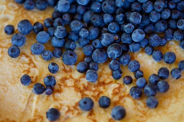 Macro image of blueberries on a crispy pancake or crêpe