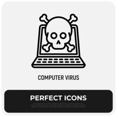 Computer virus thin line icon, open laptop with skull. Modern vector illustration.