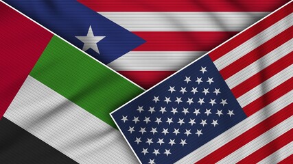 Puerto Rico United States of America United Arab Emirates Flags Together Fabric Texture Effect Illustration