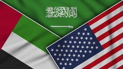Saudi Arabia United States of America United Arab Emirates Flags Together Fabric Texture Effect Illustration