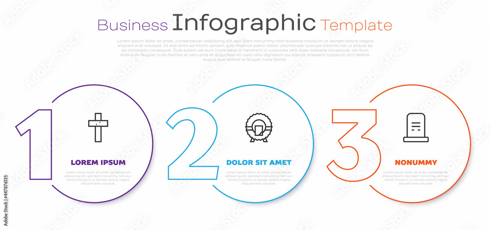 Sticker set line christian cross, memorial wreath and grave with tombstone. business infographic template. v