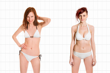 Closeup portraits of two beautiful young women wearing bikinis, in front of white tiles background