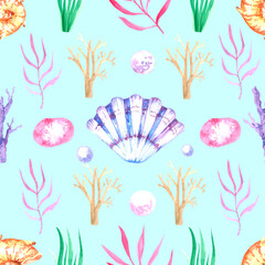 Hand-drawn watercolor pattern with shells