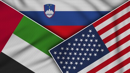 Slovenia United States of America United Arab Emirates Flags Together Fabric Texture Effect Illustration