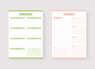Modern planner template set. Set of planner and to do list. Weekly planner template. Vector illustration.