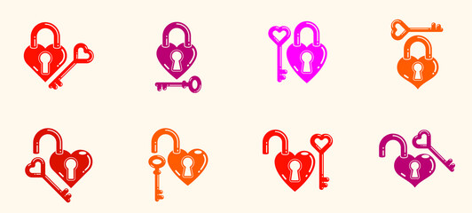 Heart shaped padlocks vector logos or icons set, locks and turnkeys love theme in a shape of hearts open or closed emotions, secret feelings concept, Valentine theme.