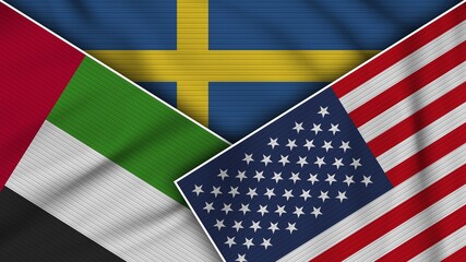 Fototapeta premium Sweden United States of America United Arab Emirates Flags Together Fabric Texture Effect Illustration