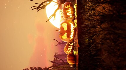 vertical Halloween animated 4k background. scary and Spooky pumpkin in fire. around mystic evening and cemetery . High quality 4k footage - Powered by Adobe