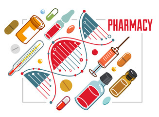 DNA strand based medical theme composition with lots of different drugs and meds vector illustration isolated, drugstore or medical biotechnology scientific research.