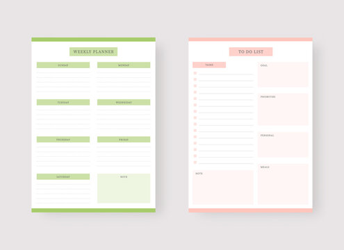 Modern planner template set. Set of planner and to do list. Weekly planner template. Vector illustration.