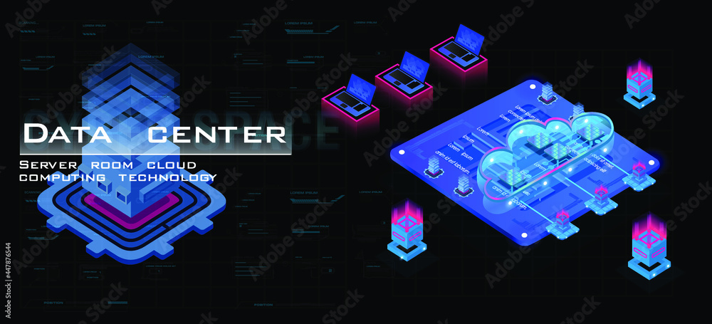 Poster server room with powerful processor for web hosting. isometric concept of data center. big data stor