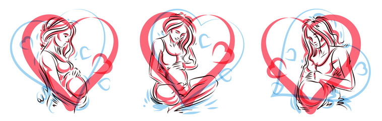 Obraz premium Pregnant woman vector hand drawn illustrations set isolated on white background, prenatal pregnancy baby shower theme, beautiful female motherhood new life.