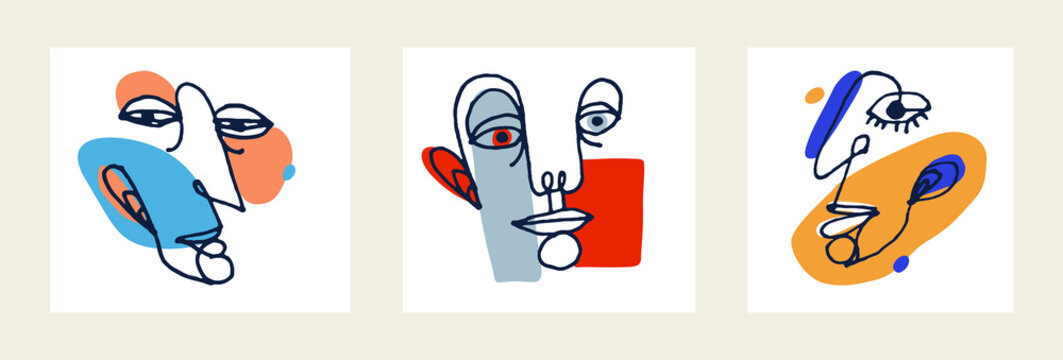 Abstract face vector portrait set, abstraction art man head, hand drawn minimal modern artwork, painted human facial abstraction.