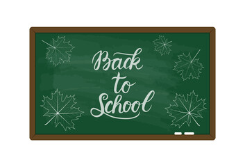 Back to school. Blackboard. Autumn leaves drawn with chalk. Flat vector illustration.