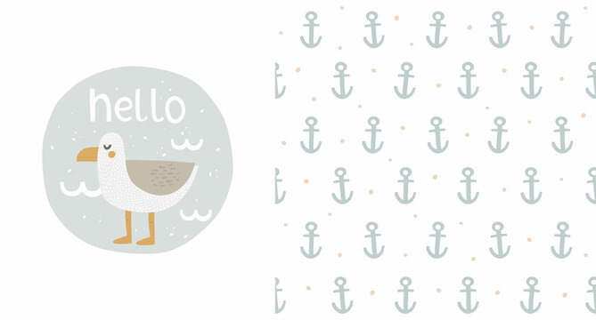 A set of vector illustrations in a hand-drawn style. Seamless pattern with anchors and dots. Cartoon seagull print. Handwritten lettering "hello". Round shape background with waves and abstract dots.