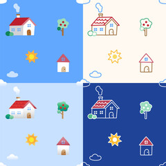 4 Styles Outline Flat Gradient Cute Minimal House Vector Pattern Design Blue Navy White Background Editable Stroke. Cartoon Illustration Cloth, Picnic Mat, Fabric pattern, Textile, Wrapping Paper.