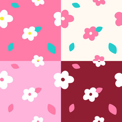 4 Styles Flat Cute Minimal Flower and Leaf Vector Pattern Design Pink White Red Background Editable Stroke. Cartoon Illustration Cloth, Picnic Mat, Fabric pattern, Textile, Tile, Scarf, Wrapping Paper