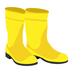 Cartoon yellow rubber rain boots, clean and dirty with mud puddle. Vector clip art illustration