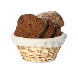 Fresh rye bread in basket on white background