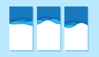 Set of flyers with blue waves in paper cut style. Collection of three papercut art empty banners for environment or World Water day. Vector advertising poster template for Save the Oceans day 8 june.