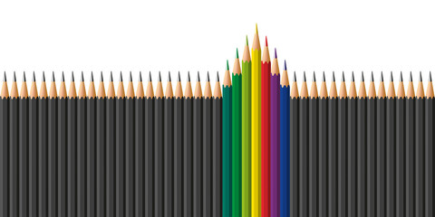 Concept de l’audace et des l’idées neuves avec une rangée de crayons noirs de laquelle sortent des couleurs pour marquer leur différence. - obrazy, fototapety, plakaty