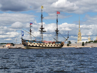 Sailing frigate Poltava in the Neva water area for the Day of the Navy in St. Petersburg