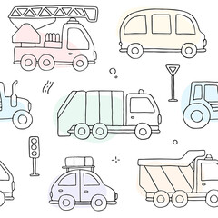 Vector cartoon cute baby cars seamless pattern. Texture for boyish design, wallpaper, scrapbooking, prints, clothes, fabrics, textiles, packaging.