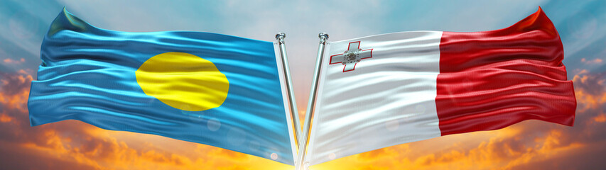 Fototapeta na wymiar Palau Flag and Malta flag waving with texture sky Cloud and sunset Double flag 