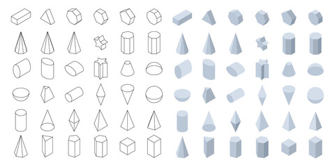 Set of 3d basic geometric shapes. Isometric shapes for school and math. Isolated vector illustration on white background. - obrazy, fototapety, plakaty