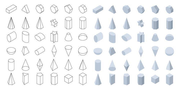 Set of 3d basic geometric shapes. Isometric shapes for school and math. Isolated vector illustration on white background.