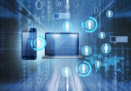 Working data center server room with media illustrations