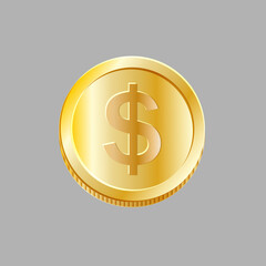 Gold coin with dollar sign isolated on grey background