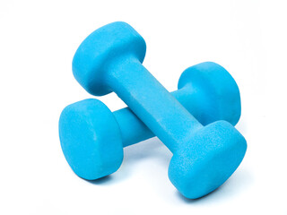 blue fitness dumbbells on a white background. the concept of a healthy lifestyle. fitness attributes