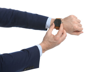 Businessman wearing wristwatch on white background, closeup. Time management