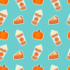 Seamless pattern with pumpkin spice latte coffee cup, pumpkin and sweet slice pie. Seasonal hot drink isolated on blue background. Background for autumn menu or greeting cards.