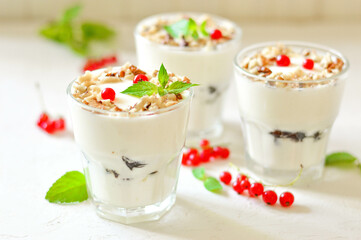 Dessert in a glass on a light background, decorated with nuts, mint leaves and berries. Creamy jelly. Parfait.