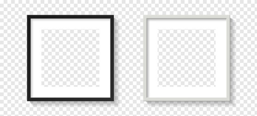 Realistic picture frame mockup square set. Isolated Black and white pictures frames mock-up. Wall presentation empty frame mockups. Vector illustration.
