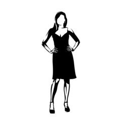 Sexy woman in short summer dress standing with hands on hips, front view. Isolated vector silhouette, ink drawing